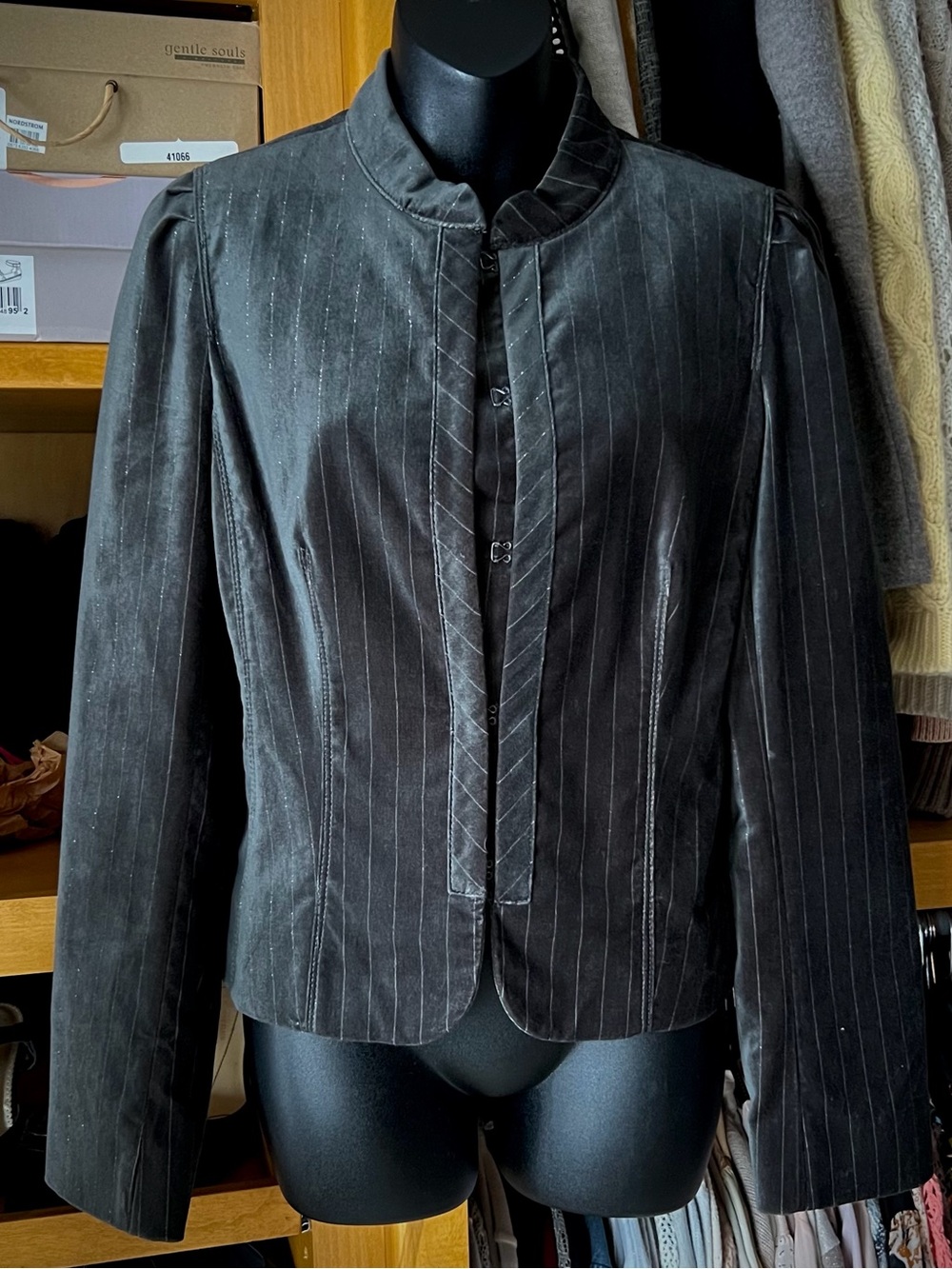 LOFT Women’s Gray Metallic Pinstripe Velvet Jacket